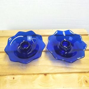 Cobalt Blue Lotus Flower Three Footed Candle Holder